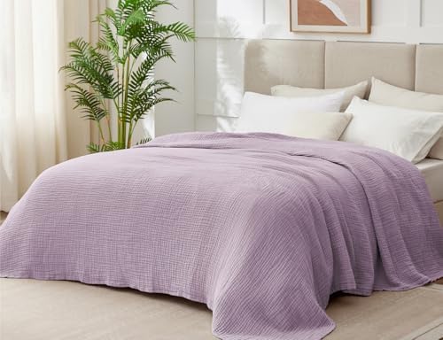 100% Cotton Muslin Blanket King 108" x 90", 6 Layers Breathable and Lightweight Cotton Throw Blanket for Bed, Soft Quilt Bedspread Coverlet, Gauze Blanket for Adults All Season, Lavender - Image 2