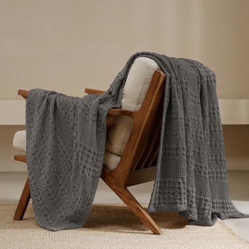 PHF Lightweight 100% Cotton Waffle Throw Blanket for Couch, Charcoal Grey by PHF