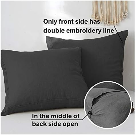 Simple&Opulence 100% French Linen Euro Shams with Embroidery (26'' x 26'') - Pack of 2 - Pre Washed Solid Color Natural Flax Soft Breathable - Dark Grey - Image 2