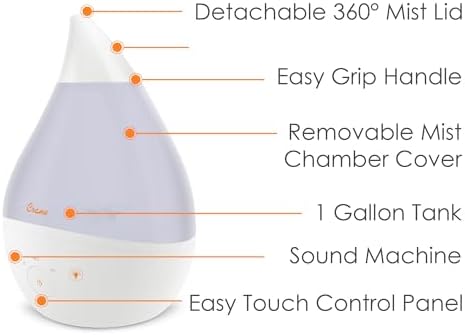 Crane 4-in-1 White Drop Ultrasonic Cool Mist Humidifier with Sound Machine, Night Light, Aroma Tray, 1 Gallon Top Fill White - Image 3