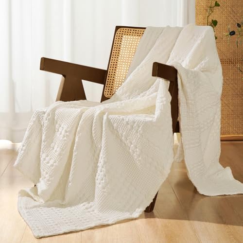 PHF Lightweight 100% Cotton Waffle Throw Blanket for Couch, Ivory by PHF