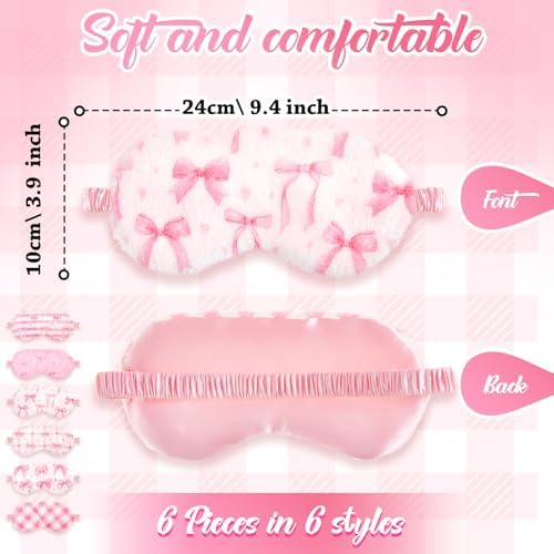 Cuffbow 6 Pack Fuzzy Sleep Masks Plush Eye Mask,Plaid Bow,Pink - Image 2