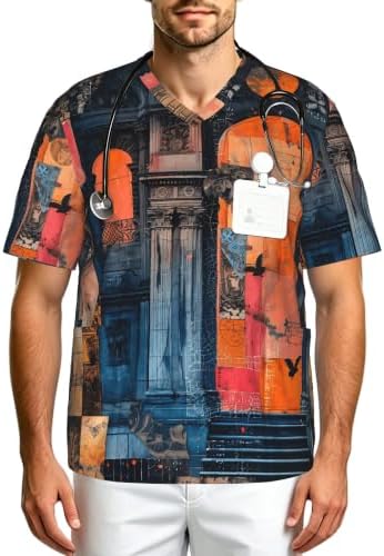 Men's Scrub Top,V-Neck Spill Wrinkle Resistant,3 Pockets-Ornate Collage (1) by Unknown