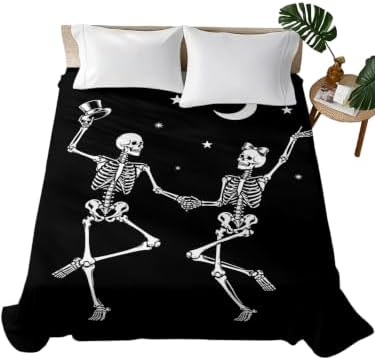 Halloween California King Flat Sheet Dancing Skeletons Flat Sheets Only Soft Bedding Top Sheets Stars Moon Funny Skull Bones Cal King Bed Sheet for All Season Bedroom Dorm Halloween Decor by LooPoP