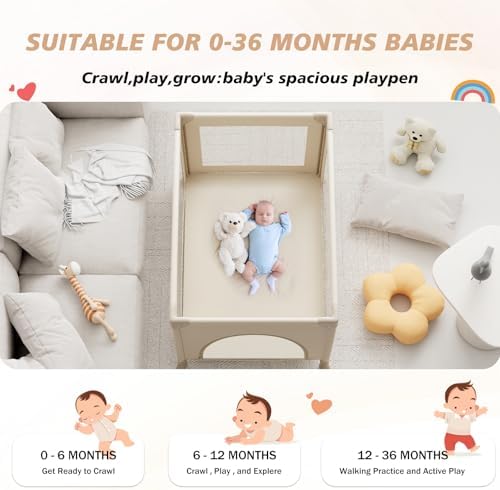Portable Baby Playard& Playpen with Mattress, Travel Crib, Khaki - Image 3