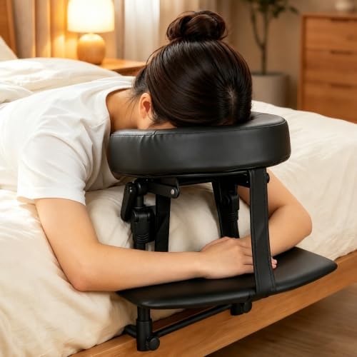 Massage Headrest for Bed, Sturdy Bed Massage Head Holder for Thick Mattresses, Adjustable Face Down Pillow for Post-Eye-Surgery Comfort & Home Spa, PU Leather Memory Foam Face Cradle (with Armrest) by Unknown