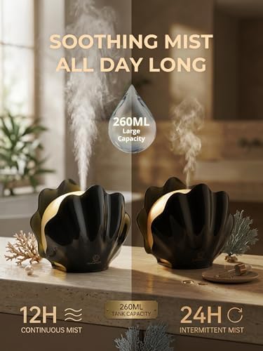 Essential Oil Diffuser 260ML, Shell Aroma Diffuser with Remote Control Humidifier with 7 Colors LED Night Light for Bedroom Home Relaxation (Black) - Image 2