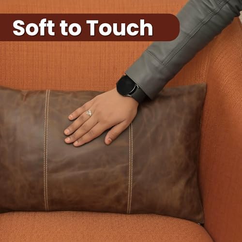 LL LEATHER LOVERS 100% Lambskin Leather Pillow Cover 10x18 Inch – Hand-Stitched Cushion Case with Hidden Zipper, Decorative Throw Cover for Sofa, Bed and Living Room - Chiku Brown Panel Pack of 2 - Image 4