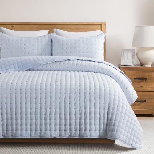 WDCOZY Blue Oversized King Quilt Set, California Cal King Rustic Bedspread, Textured Like Linen, Lightweight Soft Farmhouse Coverlet, Spring Summer Thin Comforter, 3 Pieces, 116x106 inches by WDCOZY
