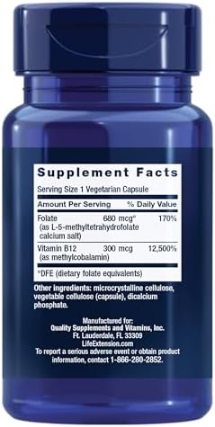 Life Extension BioActive Folate & Vitamin B12, Promotes Heart, Brain & GI Tract Health, Non-GMO, Gluten-Free, Vegetarian, 90 Capsules - Image 2