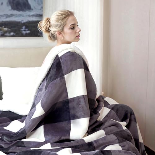 PU MEI Sherpa Blanket Fleece Throw Blanket Twin Plaid Thick Bed Blanket, Soft Warm Cozy Dark Grey Checkered Throw Blanket 60"*80" - Image 2