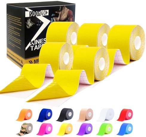 SOON GO Kinesiology Tape Pro 5 Rolls, 2 Inch High Elasticity Sports Tape Therapeutic Pain Relief–Physio Tape for Muscle Recovery & Joint Support, Waterproof & Hypoallergenic & Breathable–Yellow by SOON+GO