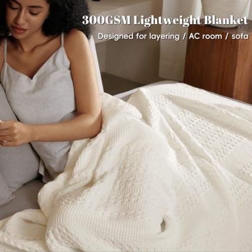 PHF Lightweight 100% Cotton Waffle Blanket for Bed, King, Ivory - Image 2