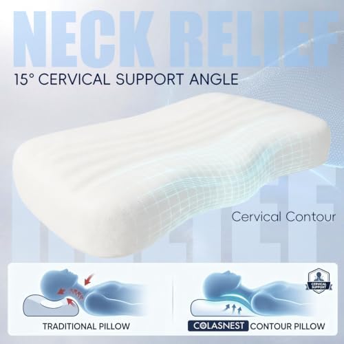 Cervical Pillow for Neck Pain Relief, Medium Loft Countor Memory Foam Pillow for Small Frames Mixed Side Back Stomach Sleepers, with Neck Support, Washable Cover, CertiPUR-US & Oeko-TEX, Standard Size - Image 5