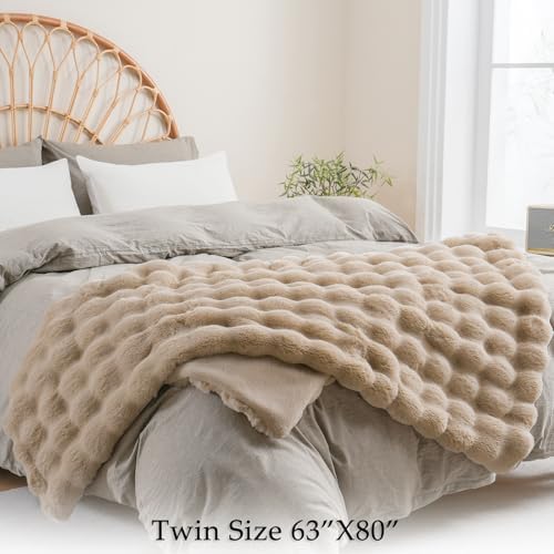 BENVWE Faux Fur Throw Blanket for Couch Bed - Fluffy Soft Thick Bubble Blanket for Living Room Home Decor - Mothers Day Birthday Gifts for Women, Beige, 63" x 80" - Image 2