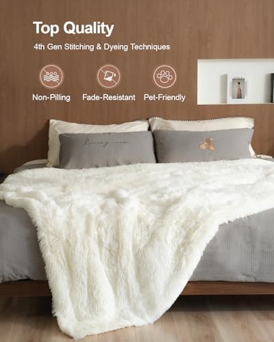 Pawque Faux Fur Sherpa Fleece Throw Blanket Twin Size 60x80 inches, Cream - Image 4