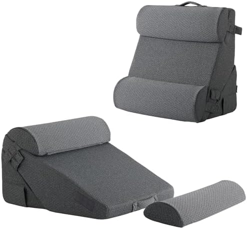 Bedluxe Adjustable 4pcs Bed Wedge Pillow Set, Memory Foam Wedge Pillow Post Surgery for Back, Neck, Leg Pain Relief, Pillow Wedge for Sleeping, Sitting up in Bed, Acid Reflux and GERD, Dark Grey by Bedluxe
