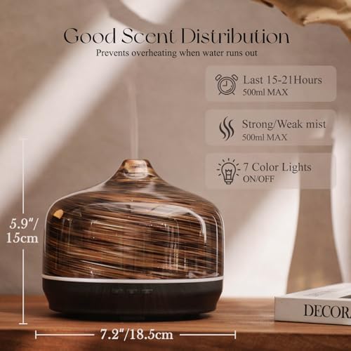 Porseme 500ml Glass Essential Oil Diffuser Aromatherapy Ultrasonic Cool Mist Humidifier 15-21 Running Hours Waterless Auto-Off Air Diffusers for Sleeping Yoga Working Spa(Dark Golden) - Image 3