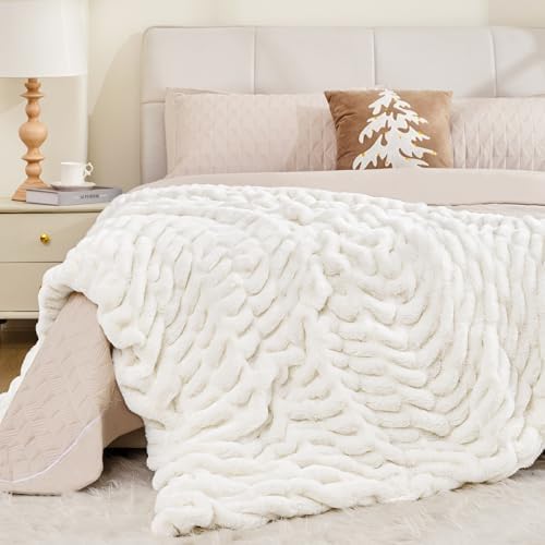 Touchat Ruched Rabbit Faux Fur Throw Blanket,Fluffy Soft Cozy,Cream White - Image 5