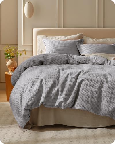 Bedsure PureWoven 3 Pieces 100% Cotton Waffle Duvet Cover Set, Queen, Grey by Unknown