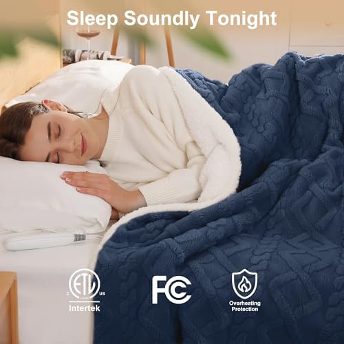 Heated Throw Blanket 50"x60"-Sherpa Small Electric Blanket Throw, Navy Blue - Image 3