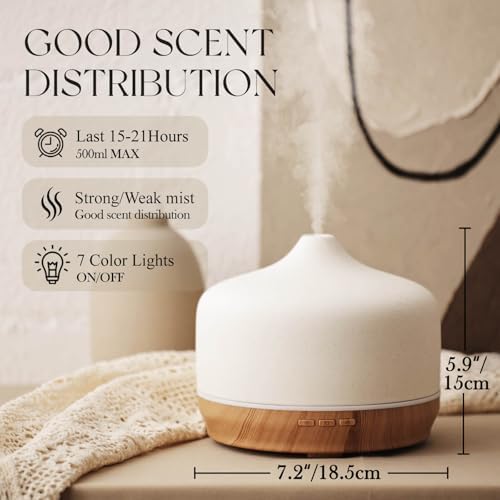 Porseme 500ml Essential Oil Diffuser Aromatherapy Ultrasonic Cool Mist Humidifier 15-21 Running Hours Waterless Auto-Off Air Diffusers for Sleeping Yoga Working Spa(White Ceramic) - Image 2