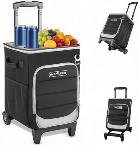 INSMEER 2-in-1 Rolling Cooler with Wheels, 60 Cans Collapsible Soft Sided Cooler on Wheels, Hard Top with 2 Cup Holders, Insulated 100% Leakproof Wheeled Cooler Bag for Beach Camping Outdoor by INSMEERDirect