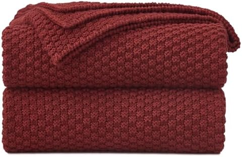 Longhui bedding 100% Cotton Knitted Throw Blanket – Burgundy, Soft & Cozy, Machine Washable, 60"x80" – Perfect for Living Room, Couch, Sofa, Bed or Travel by LongHuiBedding