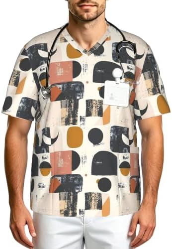 Men's Scrub Top,V-Neck Spill Wrinkle Resistant,3 Pockets-Minimal Abstract Shapes (3) by Unknown