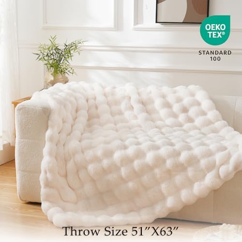 BENVWE Faux Fur Throw Blanket for Couch - Cozy Plush Fluffy Soft Thick Bubble Blanket for Living Room Home Decor - Mothers Day Birthday Gifts for Women, Cream White, 51" x 63" - Image 3