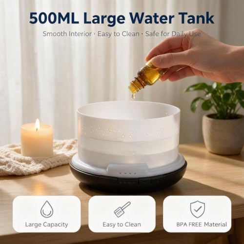 Diffuserlove Essential Oil Diffuser 500ML Aromatherapy Diffuser Mist Humidifiers 7 Color LED Lights Diffusers for Home Office Bedroom (Size:6.7" L x 6.7" W x 4.7" H) - Image 5