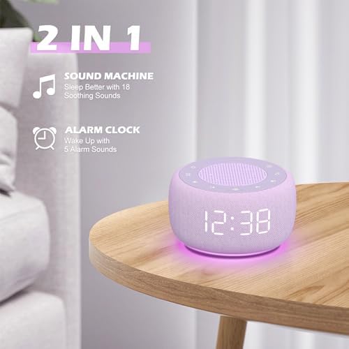 Buffbee Sound Machine & Alarm Clock 2-in-1, 0-100% Clock Face Brightness, Bottom Colored Light, Sleep Timer, Precise 30-Level Volume White Noise Machine, Digital Alarm Clocks for Bedrooms - Purple - Image 2