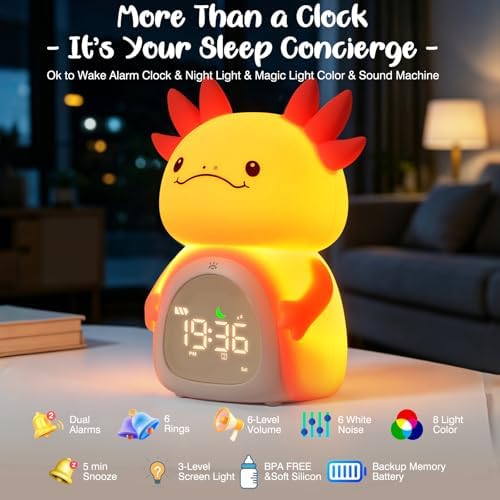 Axolotl Kids Alarm Clock, Rechargeable Ok to Wake Clock with Night Light - BPA-Free Silicone Sleep Training Clock, Cute Boys Girls Wake Up Clock for Bedroom - Image 3