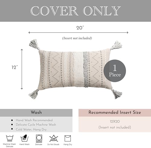 BlissBlush 12x20 Lumbar Pillow Cover, Cream Neutral Rectangular Decorative Cushion Cover with Gray Pattern, Boho Accent Pillowcase with Tassels for Couch Sofa Living Room (Cover Only) - Image 5