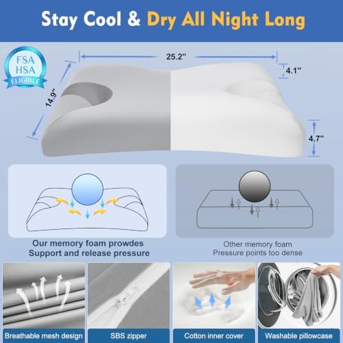 HSA/FSA CPAP Cervical Pillow for Side Sleepers–Reduce Mask Air Leaks & Pressure,Ergonomic Neck Support for Pain Relief,Dual-Height Memory Foam Pillow with Cooling Cover for Side,Back & Stomach Sleeper - Image 6