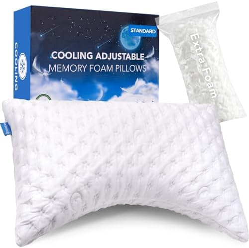KUCEY Cooling Side Sleeper Pillow for Neck and Shoulder Pain, Luxury Shredded Memory Foam Curved Bed Pillows for Sleeping Set of 1- Adjustable Standard Size- Washable Cover Crescent White by Kucey