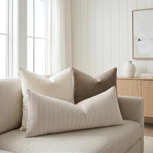 DEZENE 14x36 Beige Lumbar Pillow Covers Soft Striped Corduroy Neutral Rectangular Long Body Pillow Cases for Couch Sofa Bedroom Living Room Home Decor - Image 4