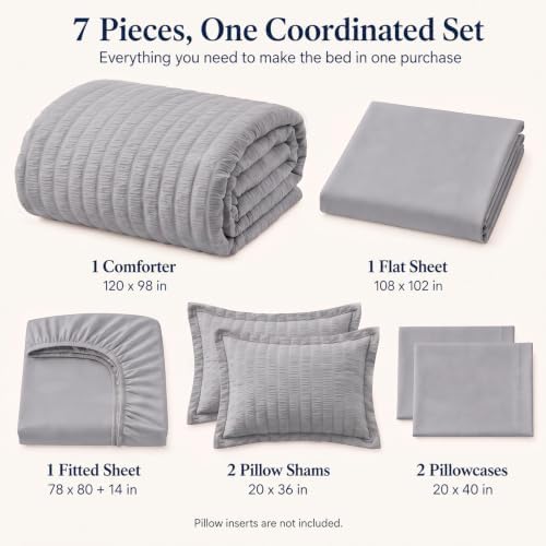 CozyLux Oversized King Comforter Set 120x98 in, 7-Piece Grey Seersucker - Image 2