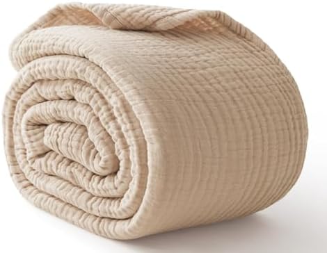 100% Cotton Muslin Blanket Queen 90" x 90", 6 Layers Breathable and Lightweight Cotton Throw Blanket for Bed, Soft Quilt Bedspread Coverlet, Gauze Blanket for Adults All Season, Beige Linen, Oatmeal by Kozyhvn