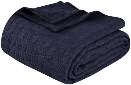 Superior Basketweave Cotton Blanket, Basket Weave Design, Soft, Comfy Cover for Bed, Bedding, Bedroom, Couch Throw, Lounging, Modern Boho Medium Weighted Blankets, King, Navy Blue by SUPERIOR
