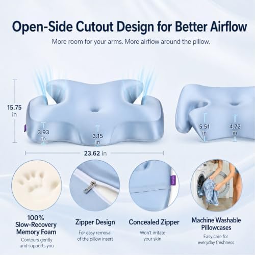 Cervical Neck Pillow for Sleeping, Medium‑Firm Memory Foam Contour Pillow with Arm Holes, 2 Heights for Side Back Stomach Sleepers, Cool‑Touch Satin Cover, Oeko‑TEX Standard 100 - Image 6