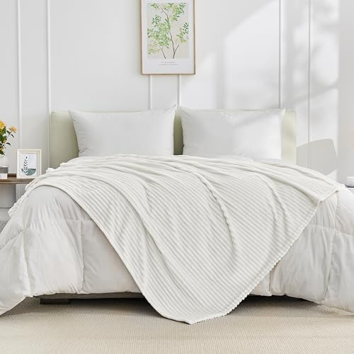 Bnuitland Fleece Throw Blanket for Couch, 300GSM Soft Warm Cozy Fluffy White Throw for Adults & Kids, Stripe Pattern 50"x60", All Season Sofa Bed Blanket for Home Decor - Image 5