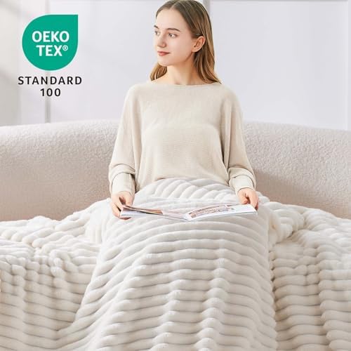 BEDELITE Ribbed Fleece Throw Blanket for Couch, Cream, 50"x70" - Image 3