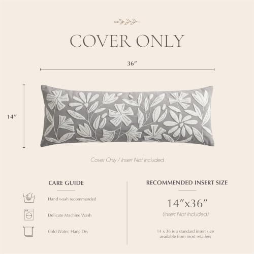 BlissBlush Long Lumbar Pillow Cover 14x36 for Bed, Light Gray Floral Tufted Velvet Accent Oversize Throw Pillowcase for Bedroom, Cover Only - Image 6
