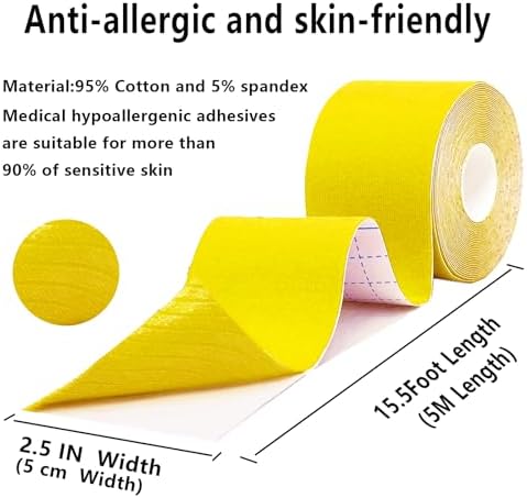 SOON GO Kinesiology Tape Pro 5 Rolls, 2 Inch High Elasticity Sports Tape Therapeutic Pain Relief–Physio Tape for Muscle Recovery & Joint Support, Waterproof & Hypoallergenic & Breathable–Yellow - Image 2