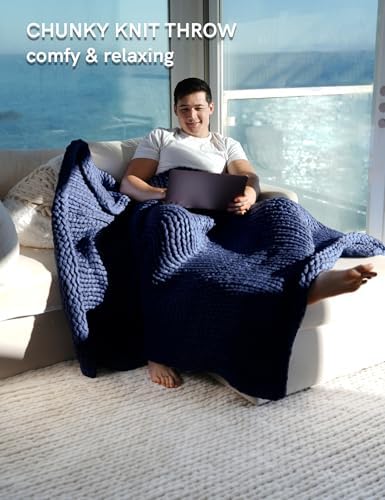 YnM Chunky Throw Blanket, Medium-Weight, Hand Knitted, Skin Friendly, Ventilated and Breathable, Machine Washable, Home Décor Piece for Couch, Sofa and Bed (Indigo Blue, 50x70 Inch) - Image 3