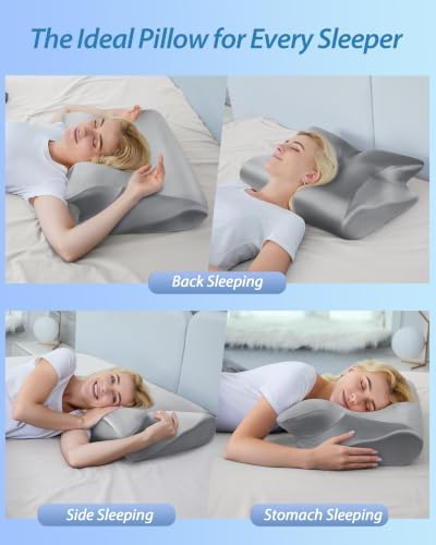 HOMCA Memory Foam Cervical Pillow, 2 in 1 Ergonomic Contour Orthopedic Pillow for Neck Pain, Contoured Support Pillows for Side Back Stomach Sleepers with Satin Pillowcase (Satin Gray) - Image 7