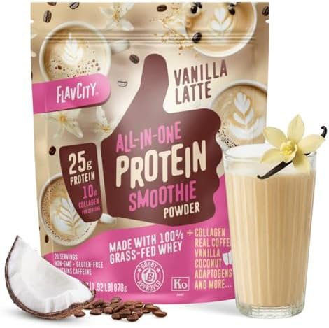 FlavCity All in One Protein Shake Powder, Vanilla Latte - 60mg Caffeine + Collagen Peptides, Reishi & Cordyceps - Focus, Skin, Hair & Joint Support - 100% Grass Fed Whey, 20 Servings by FlavCity