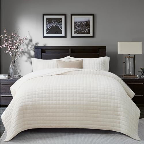 RECYCO Velvet Quilt Set, Oversized California King 118"x106", Cream White by RECYCOHOMECOLLECTION