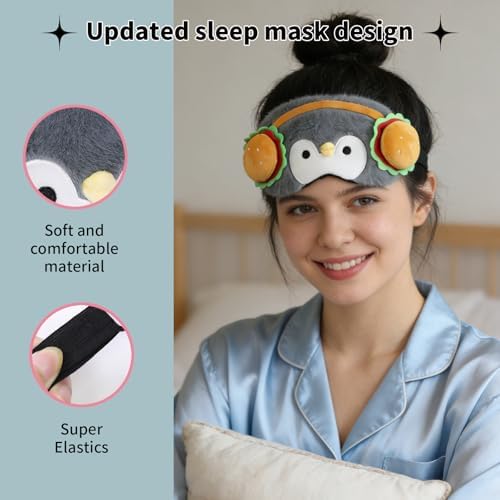 PERFECTSIGHT Sleep Eye Masks, Cute Penguin Plush Sleep Eye Cover Lightweight Adjustable Eyeshade Faux Fur Mask Cover for Women Men Sleep Travel Nap, Burger Headphone - Image 5